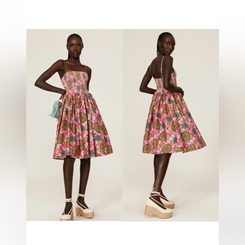 Autumn Adeigbo Winnie Midi Dress NWT Size 8 Pink Floral Smocked Cotton